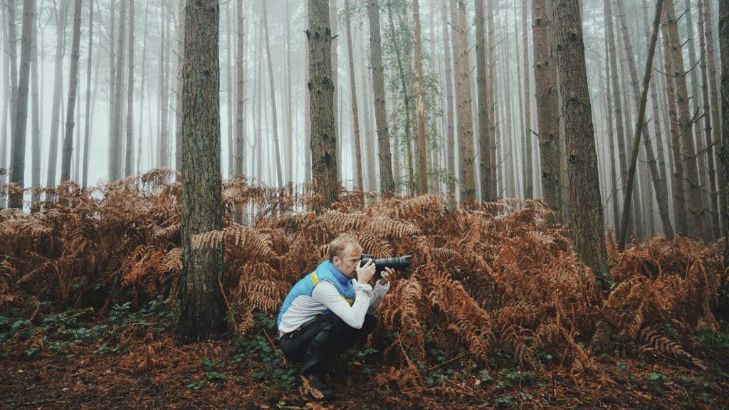 Photographer taking pictures with a camera in a cloudy forest
