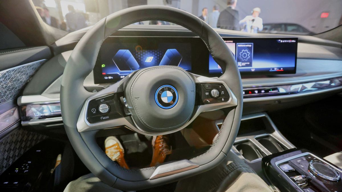 View of steering wheel and central display from driver's seat