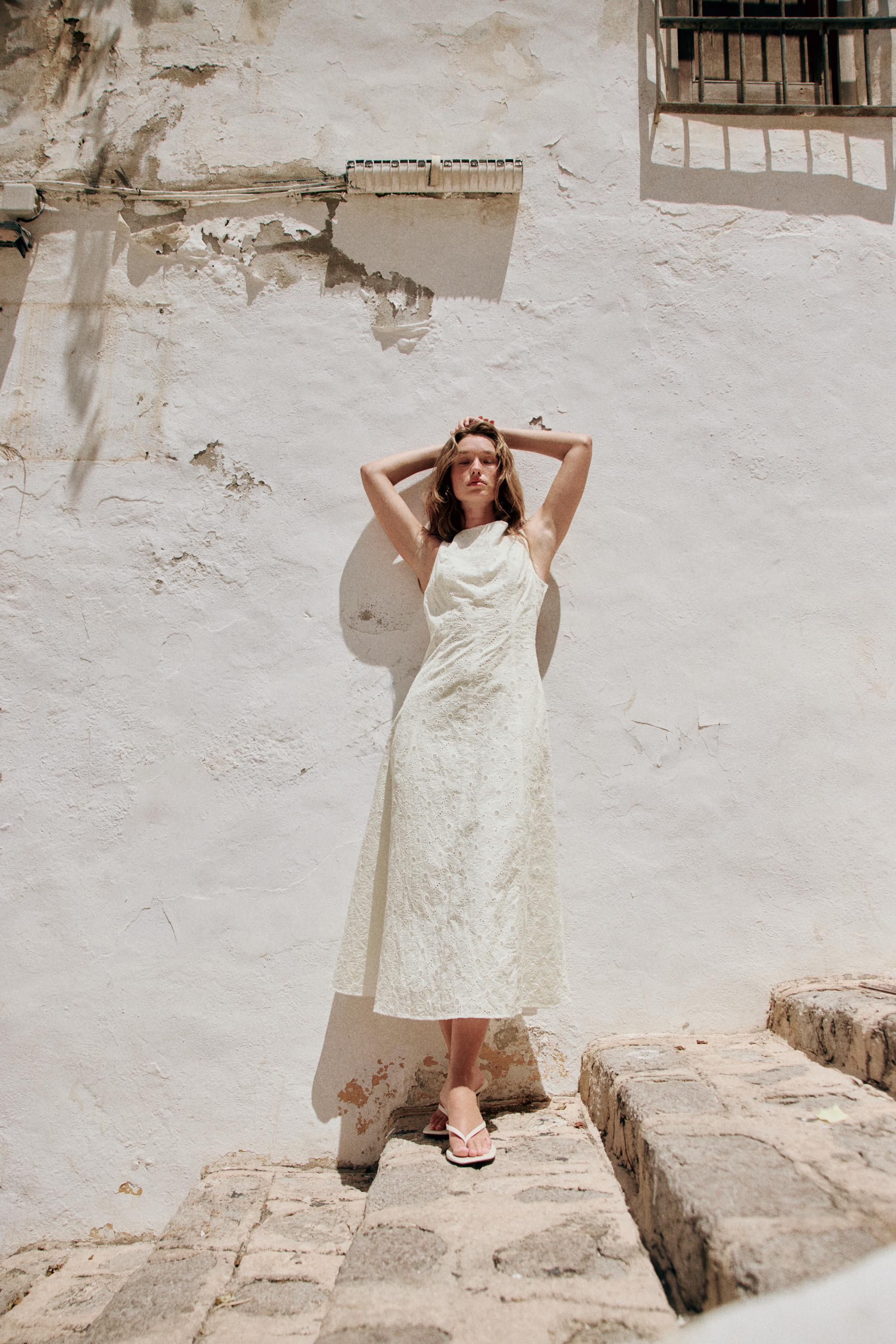 Midi Dress With Cutwork Embroidery - White - Xs