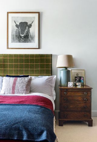 bedroom with checked headboard