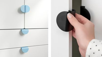 IKEA clip-on cabinet pulls in light blue and black