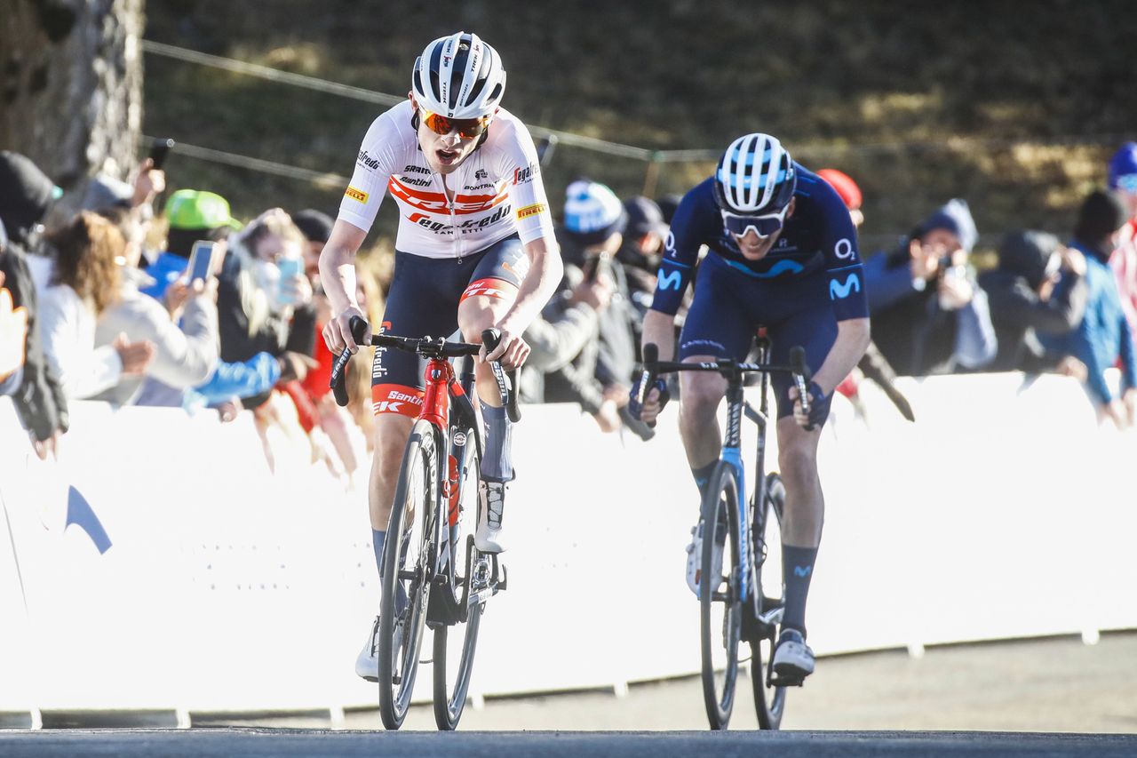 Tour de la Provence 2022 7th Edition 3rd stage Manosque Montagne de Lure 1661 km 13022022 Mattias Skjelmose Jensen DEN Trek Segafredo Matteo Jorgenson USA Movistar Team photo Roberto BettiniSprintCyclingAgency2022
