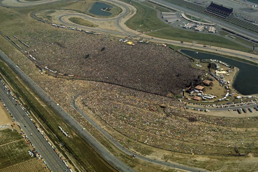 The crowd at the California Jam, 1974, shot from a helicopter