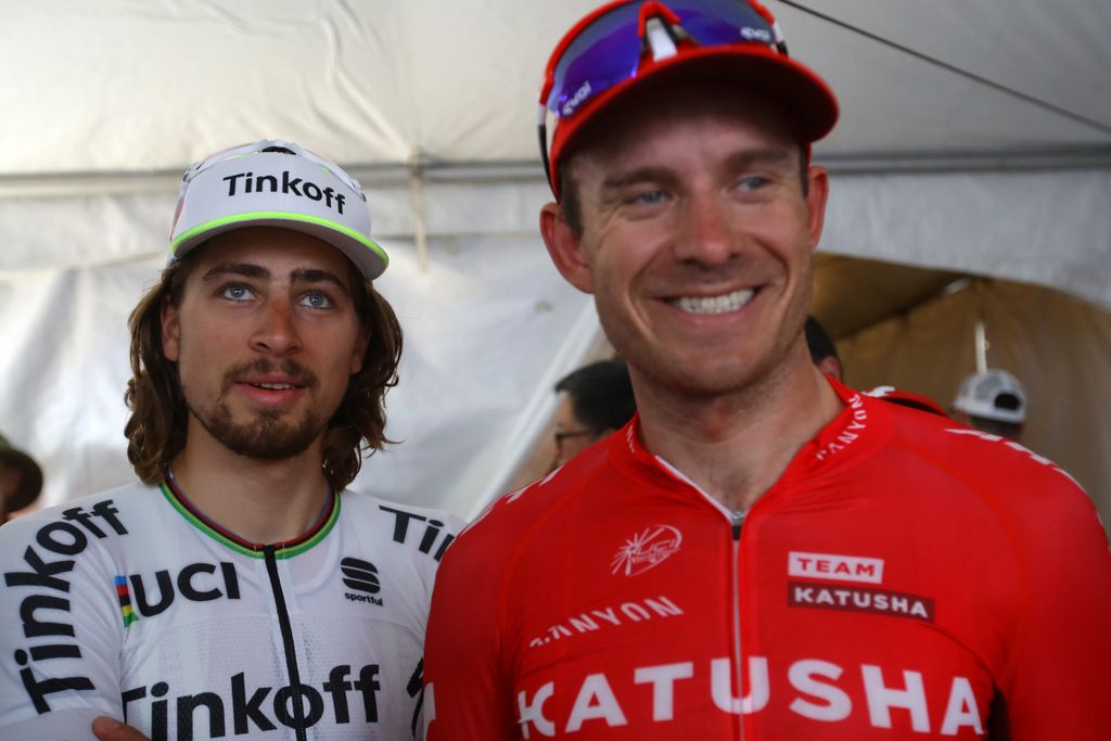 Peter Sagan and Alexander Kristoff joke around before the podium