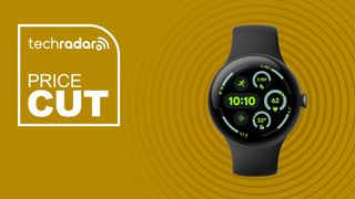 The Google Pixel Watch 3 on a yellow background with text saying Price Cut.