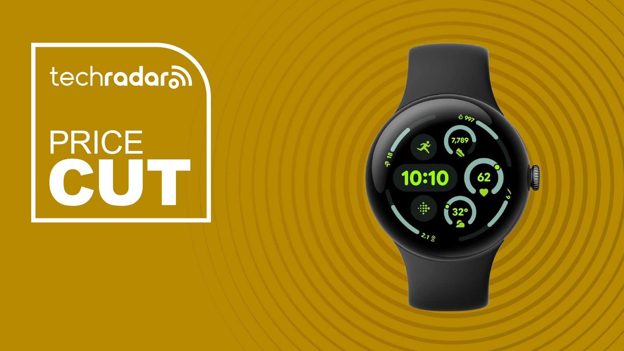 The Google Pixel Watch 3 on a yellow background with text saying Price Cut.