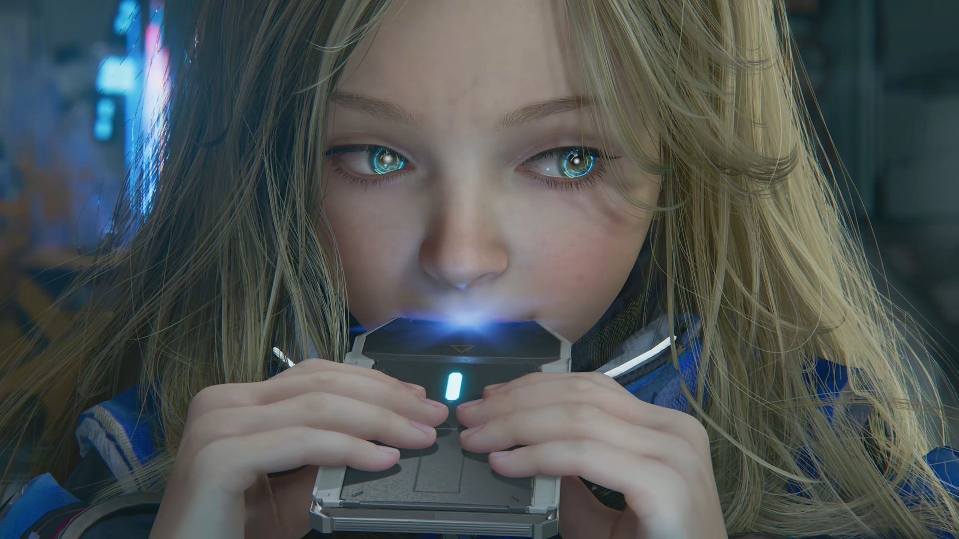 Pragmata lead Diana biting a memory card