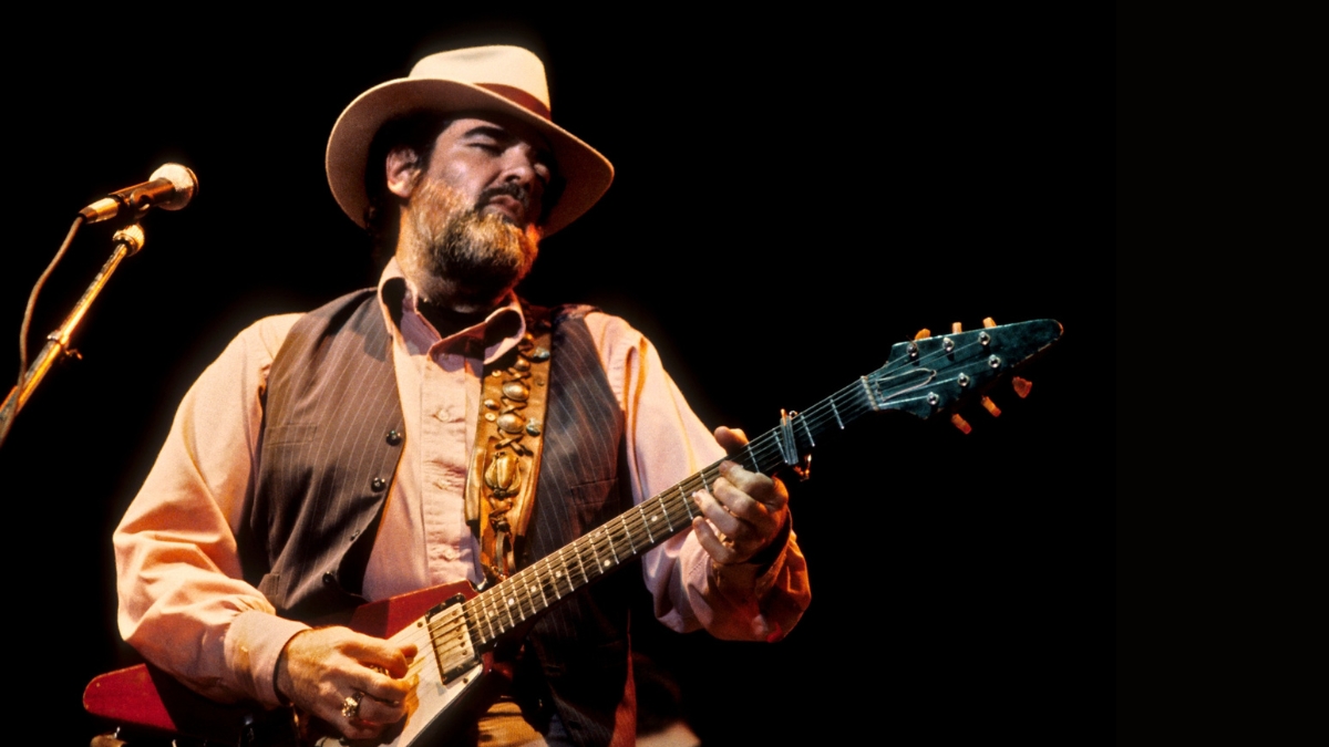 Lonnie Mack performing at the Greek Theater in Berkeley on October 11, 1985. He plays a Gibson Flying V guitar