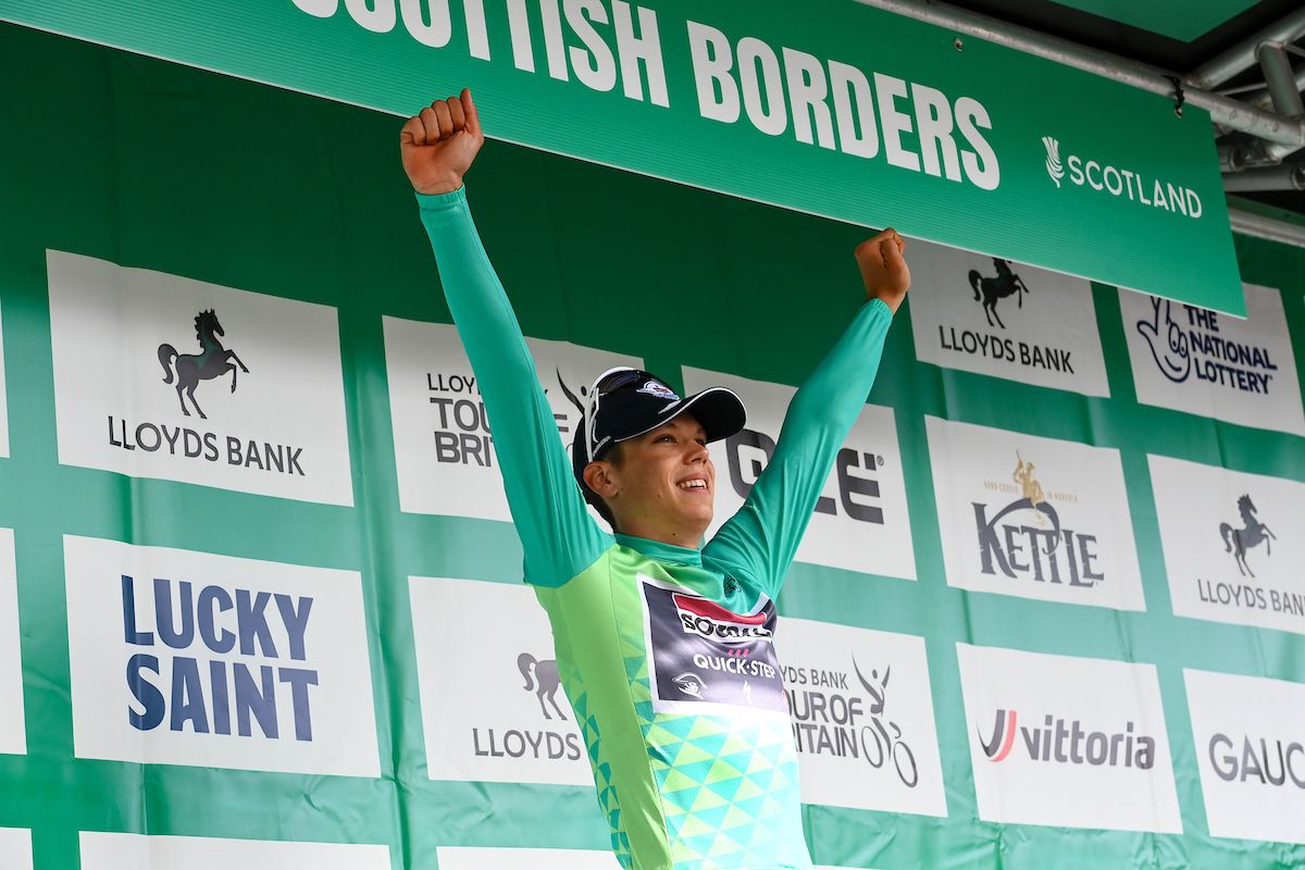 Picture by Simon Wilkinson/SWpix.com - 03/09/2024 - Lloyds Bank Tour of Britain 2024 - Stage 1: The Scottish Borders Stage, Kelso to Kelso, Scotland - Paul Magnier (Soudal Quick-Step) on the Podium after winning Stage 1 of the Lloyds Bank Tour of Britain 2024 in Kelso leading the General Classification