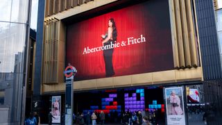 Abercrombie & Fitch advertising on a large scale digital billboard on the exterior of the Outernet building on 4th November 2024 in London,