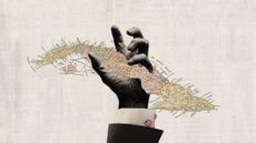 Photo collage of a hand grabbing Cuba