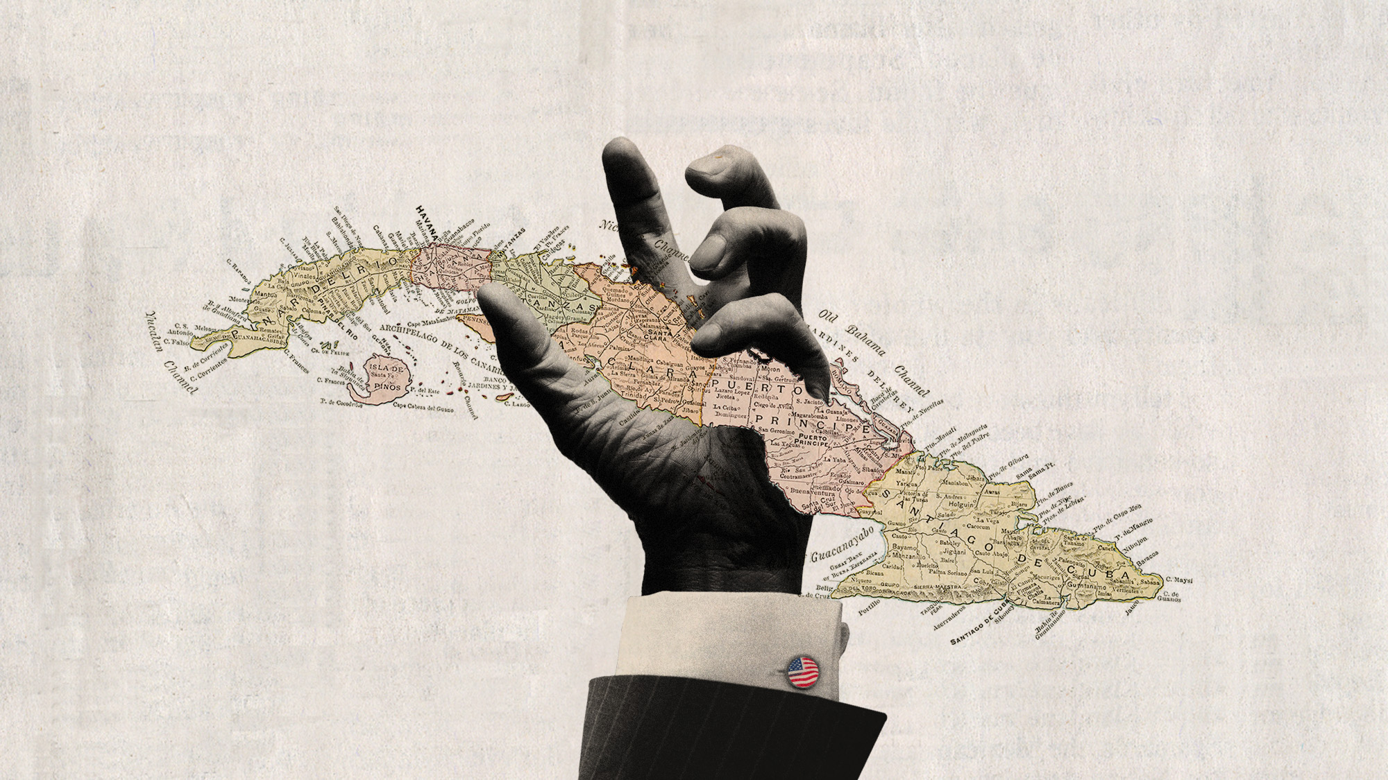 Photo collage of a hand grabbing Cuba