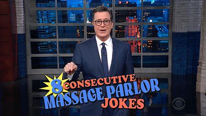 Stephen Colbert maks massage parlor jokes