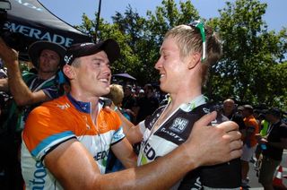 "Come here mate," Simon Gerrans embraces super domestique and 2011 Down Under winner Cameron Meyer.