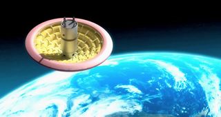 An artist's concept for an inflatable heat shield deployed in space.