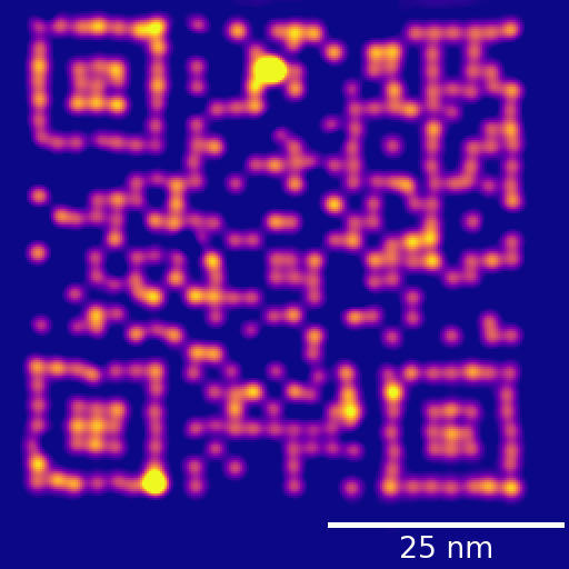 An image showing the 50 by 50 nm&amp;sup2; QR code constructed by researchers at the Monash University School of Physics and Astronomy and the Czech Academy of Sciences