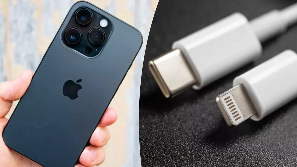 iPhone 14 Pro on left and USB-C and Lightning cables on the right 