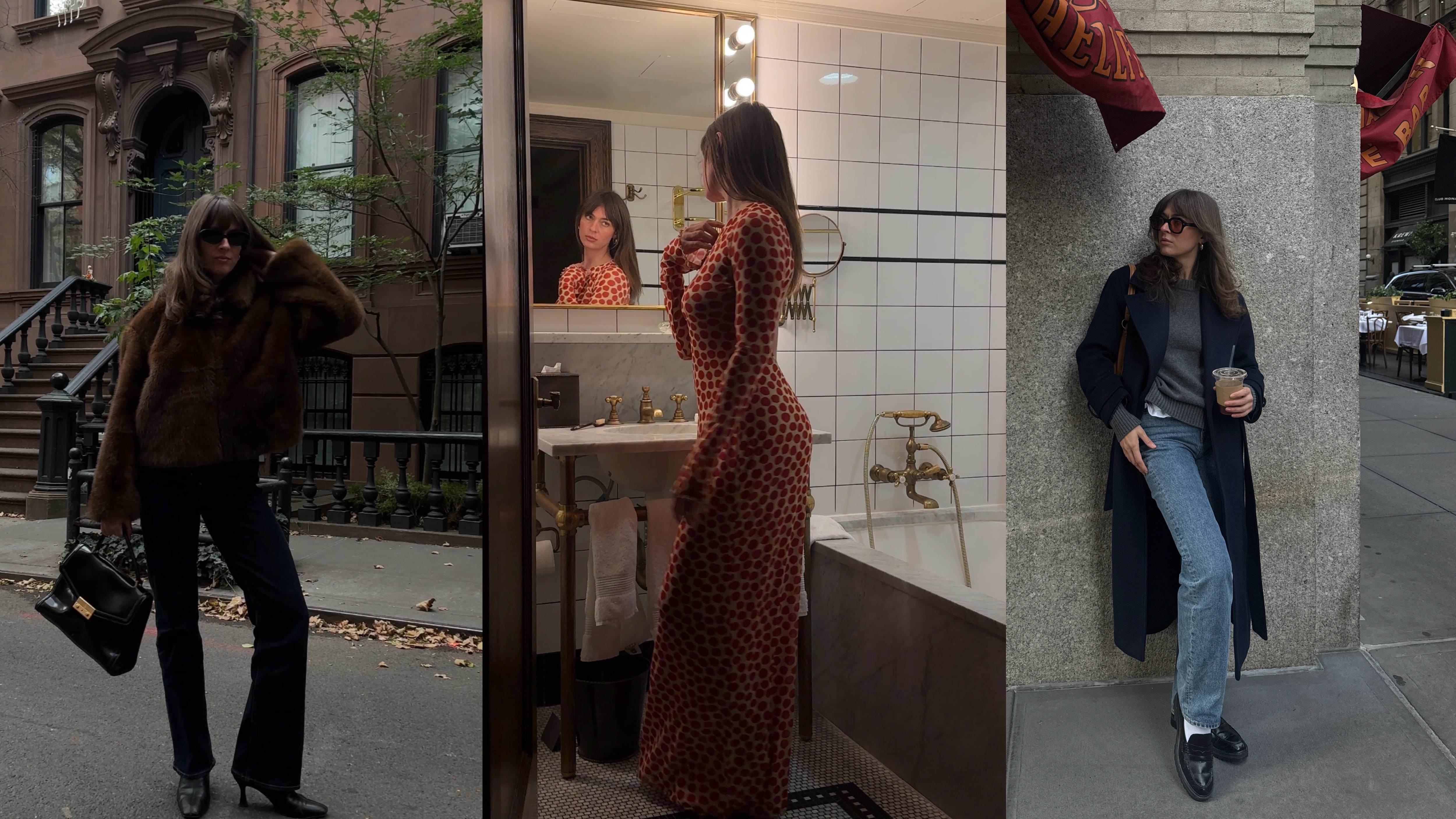split image of Kathryn Zahorak wearing fall outfits in new york city