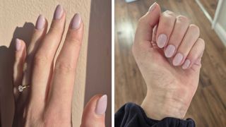 Two close-ups of Digital Beauty Writer, Naomi Jamieson's almond-shaped Lavender Milk nails/ in front of a pastel pink and wooden floor backdrops