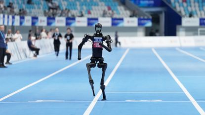 The Unitree H1 humanoid robot crossing the finish line of the 400m at the first World Humanoid Robot Games in China. 