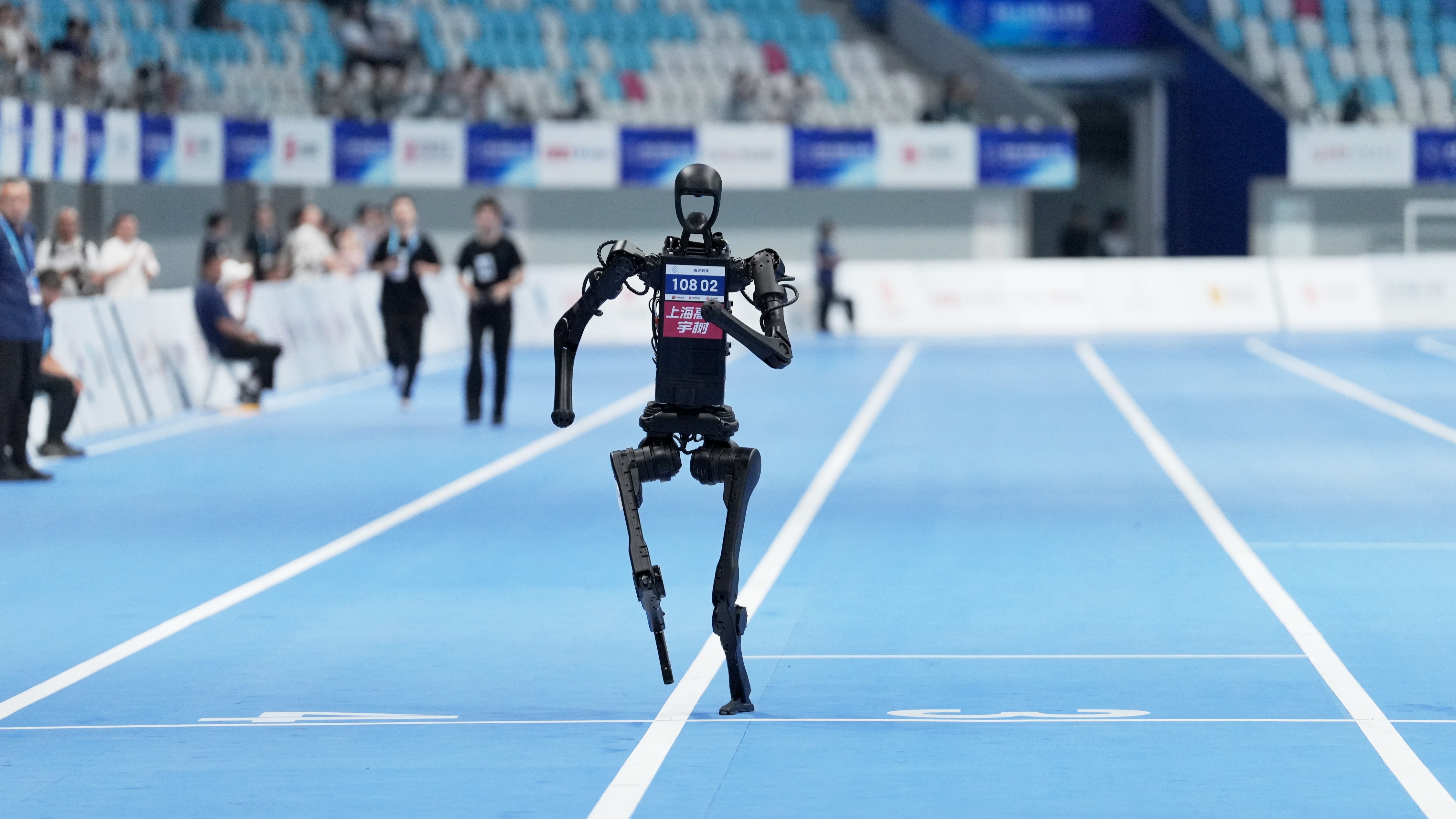 The Unitree H1 humanoid robot crossing the finish line of the 400m at the first World Humanoid Robot Games in China. 