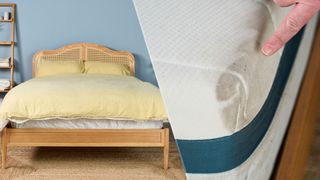 On the left, an image of a bed in a bedroom, made up with a yellow duvet and pillows. On the right, a closeup of a mattress with dark spots at the corner which might indicate mold, with a finger pointing to the stain