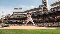 A San Diego Padres pitcher throwing at Petco Park.