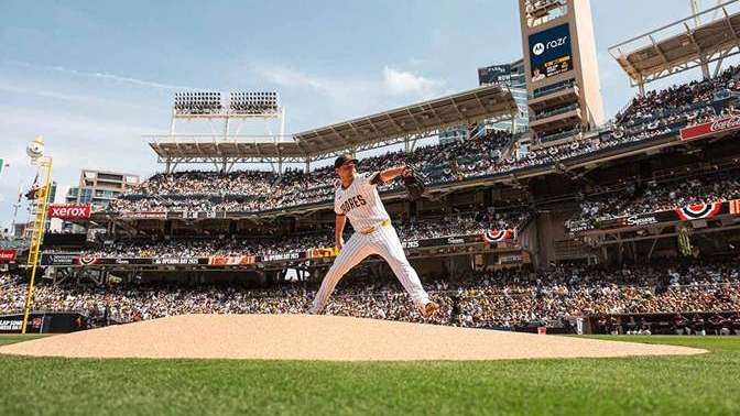 A San Diego Padres pitcher throwing at Petco Park.