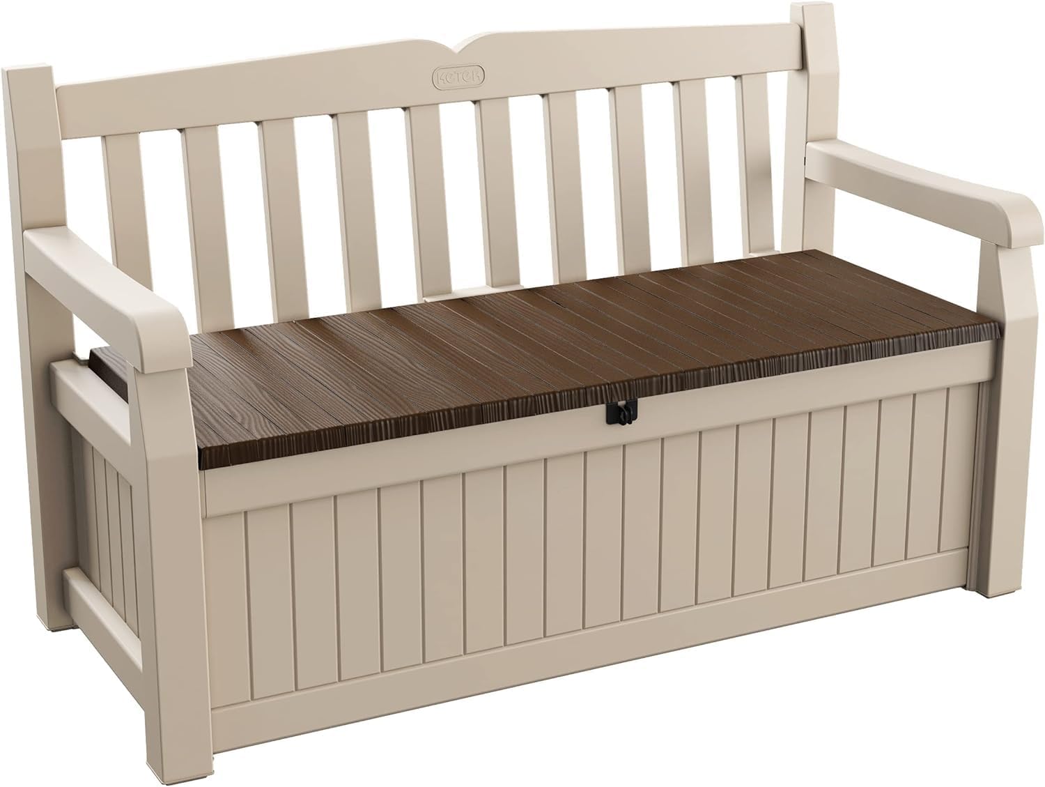 Keter Eden Bench 265l Outdoor 60% Recycled Garden Furniture Storage Box Beige &amp;amp; Brown Wood Panel Effect | Fade Free | All Weather Resistant | Safe and Secure | Zero Maintenance | 2 Year Warranty