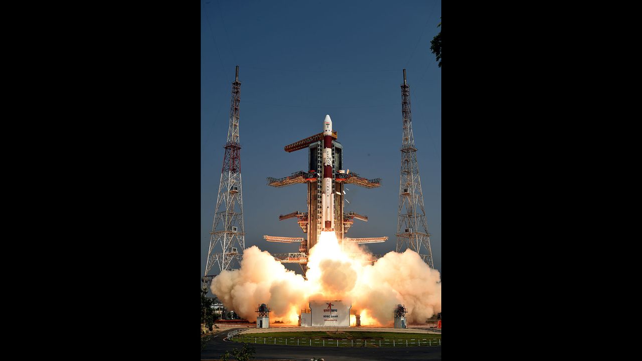 An Indian Space Research Center Polar Satellite Launch Vehicle launches the EMISAT satellite and 28 other payloads into orbit from the Satish Dhawan Space Center on April 1, 2019 (IST).
