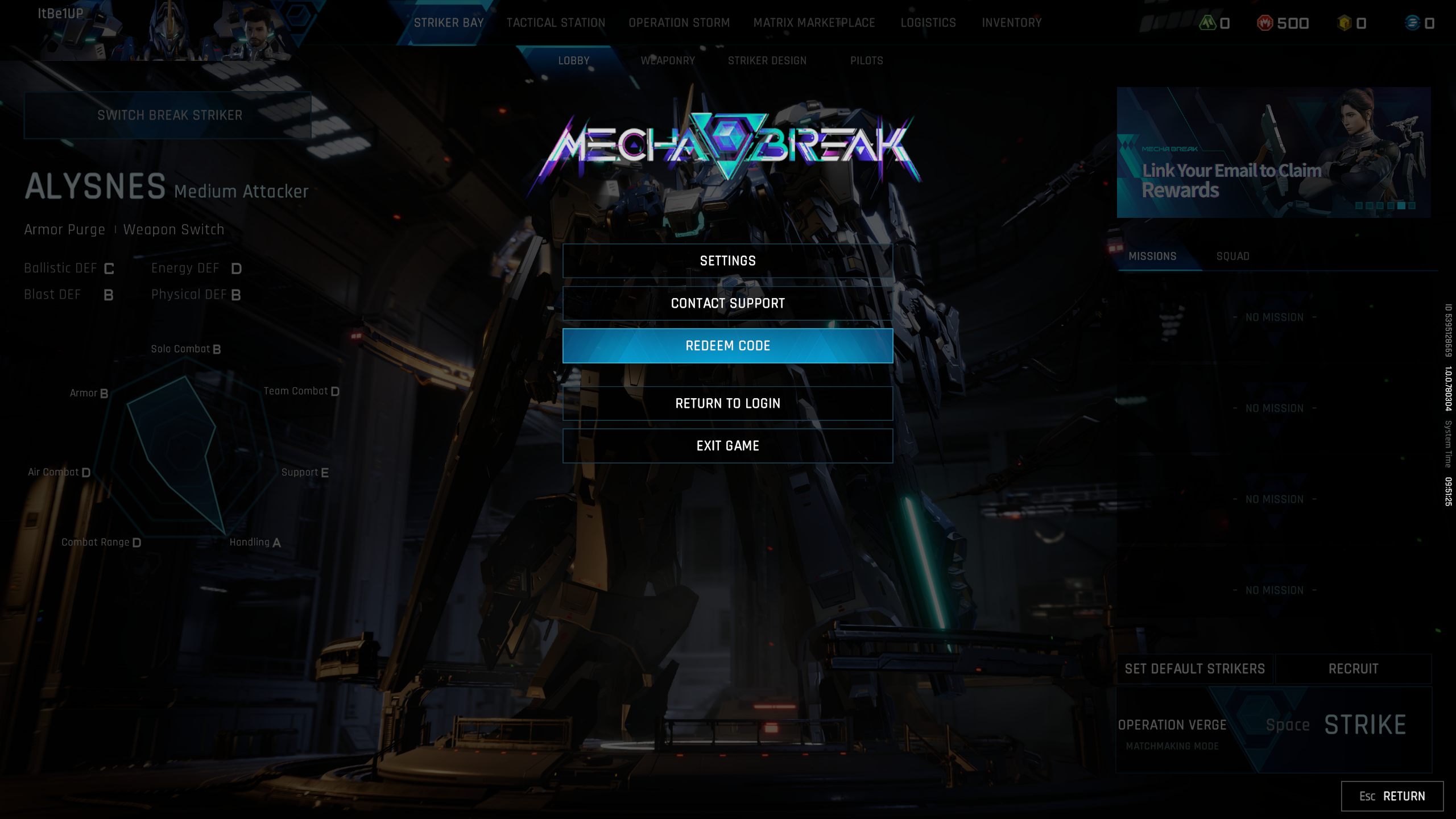 Mecha Break codes: The code redemption option in the pause menu.