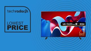LG C4 OLED TV lowest price deal on blue background 