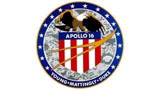 Apollo 16 crew patch features a lunar background with an eagle perched on a red, white and blue shield.
