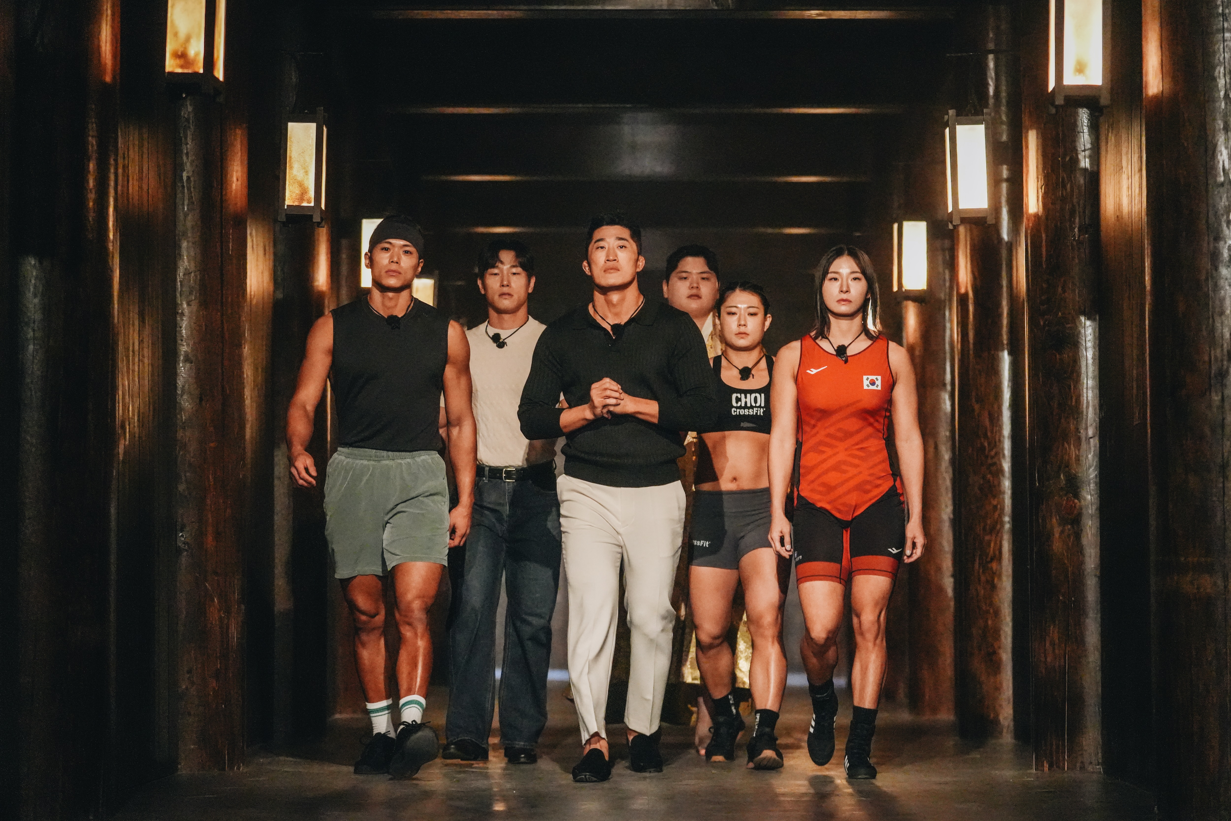 Physical: Asia S1(L to R) Amotti, Yun Sung-bin, Kim Dong-hyun, Kim Min-jae, Choi Seung-yeon, Jang Eun-sil in Physical: Asia S1 Cr. CASA DE FOTO /Netflix &amp;copy; 2025