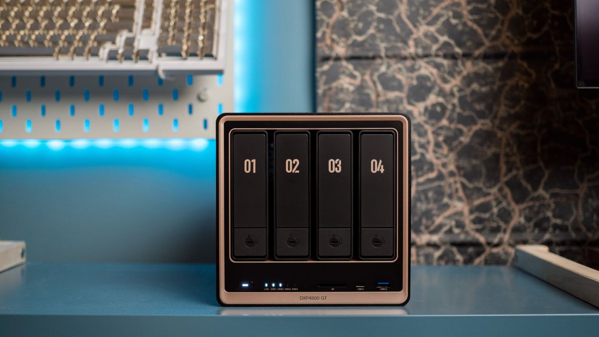 UGREEN DXP4800 GT 4-bay NAS on an IKEA shelf showcasing the design at the front