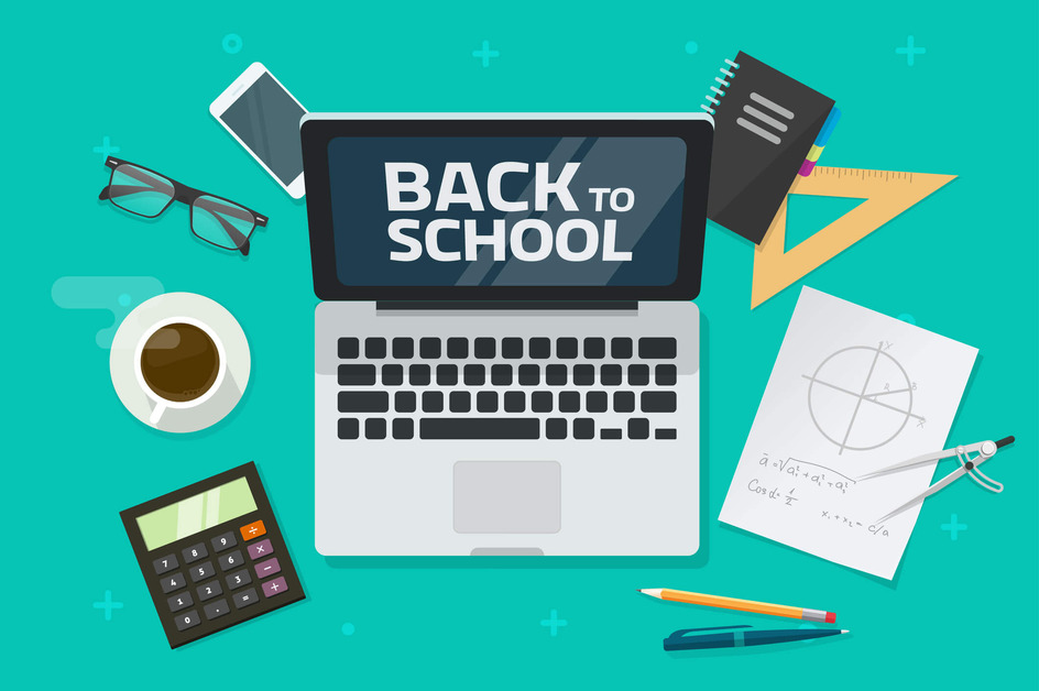 Illustration of an open laptop with surrounded by other school accessories 