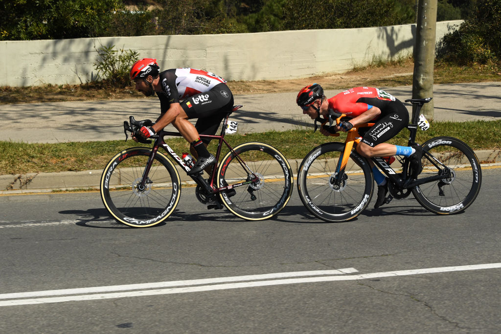 BARCELONA SPAIN  MARCH 28 Thomas De Gendt of Belgium and Team Lotto Soudal  Matej Mohoric of Slovenia and Team Bahrain Victorious during the 100th Volta Ciclista a Catalunya 2021 Stage 7 a 133km stage from Barcelona to Barcelona  VoltaCatalunya100  on March 28 2021 in Barcelona Spain Photo by David RamosGetty Images