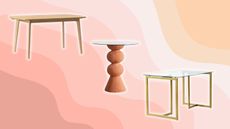 Three dining tables on pink swirl background