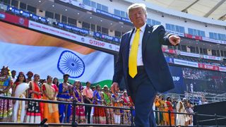 President Donald Trump leaves after attending 'Namaste Trump' rally at Sardar Patel Stadium in Motera, on the outskirts of Ahmedabad, on Feb. 24, 2020.