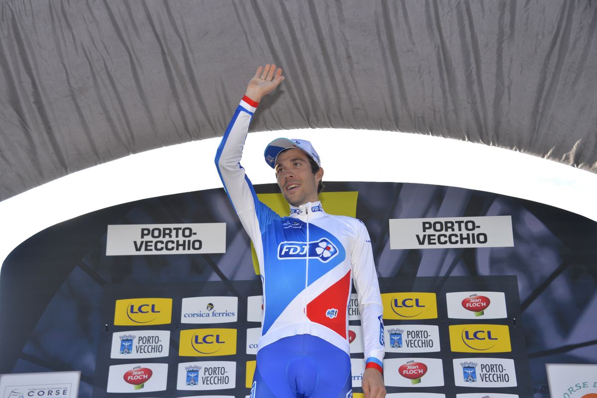 Thibaut Pinot (FDJ) waves from the podium