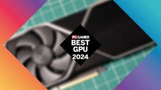 Blurred graphics card behind a PC Gamer Best GPU 2024 logo and styling