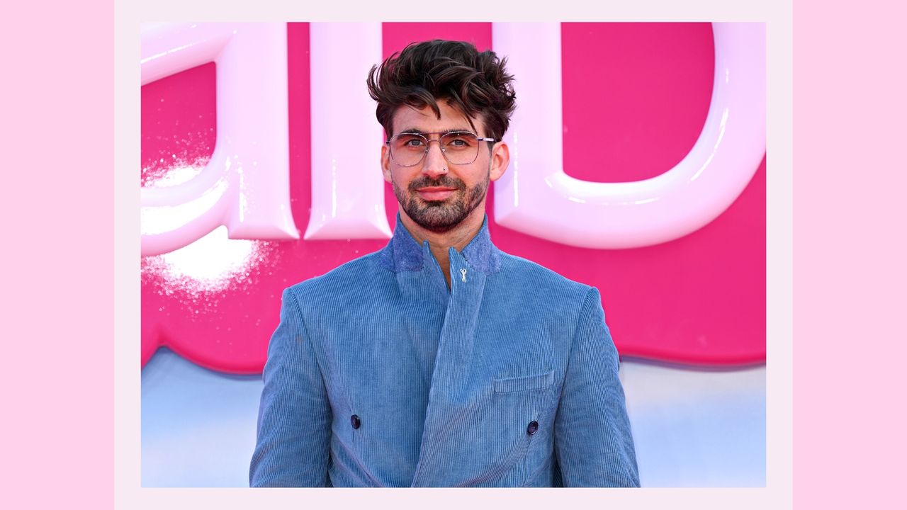 Chris Taylor Barbie movie: Chris Taylor attends the European premiere of &#039;Barbie&#039; at the Cineworld Leicester Square in London, United Kingdom on July 12, 2023./ in a pink template