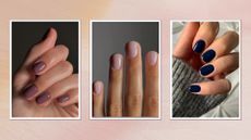 On the left is a close-up of a hand with a mauve manicure and in the middle, a hand with pastel lavender nails - both my nail artist Mateja Novakovic and on the right, a hand is pictured with navy nails, by nail artist, Megan Rose/ in an orange to pink gradient, 3-picture template