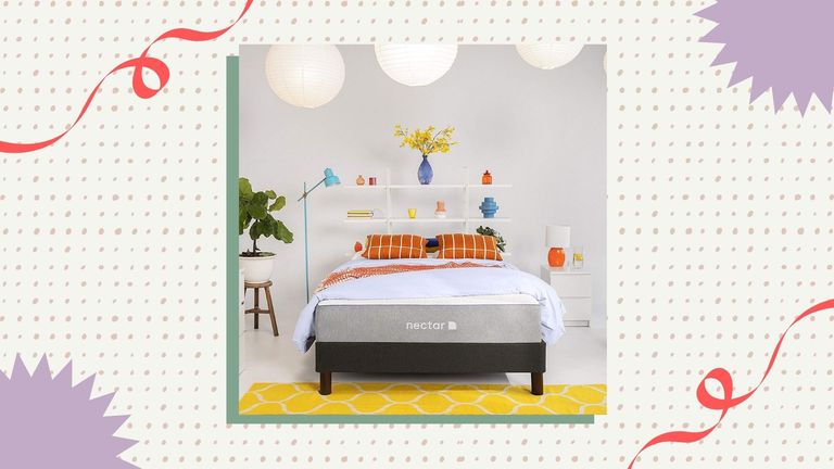 The Memory Foam mattress is one of the best Nectar mattress deals available. This image presents the bed on a festive background.