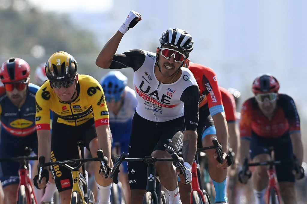 GUILIN CHINA OCTOBER 16 Juan Sebastian Molano of Colombia and UAE Team Emirates celebrates at finish line as stage winner during the 4th GreeTour of Guangxi 2023 Stage 5 a 2096km stage from Liuzhou to Guilin UCIWT on October 16 2023 in Guilin China Photo by Tim de WaeleGetty Images