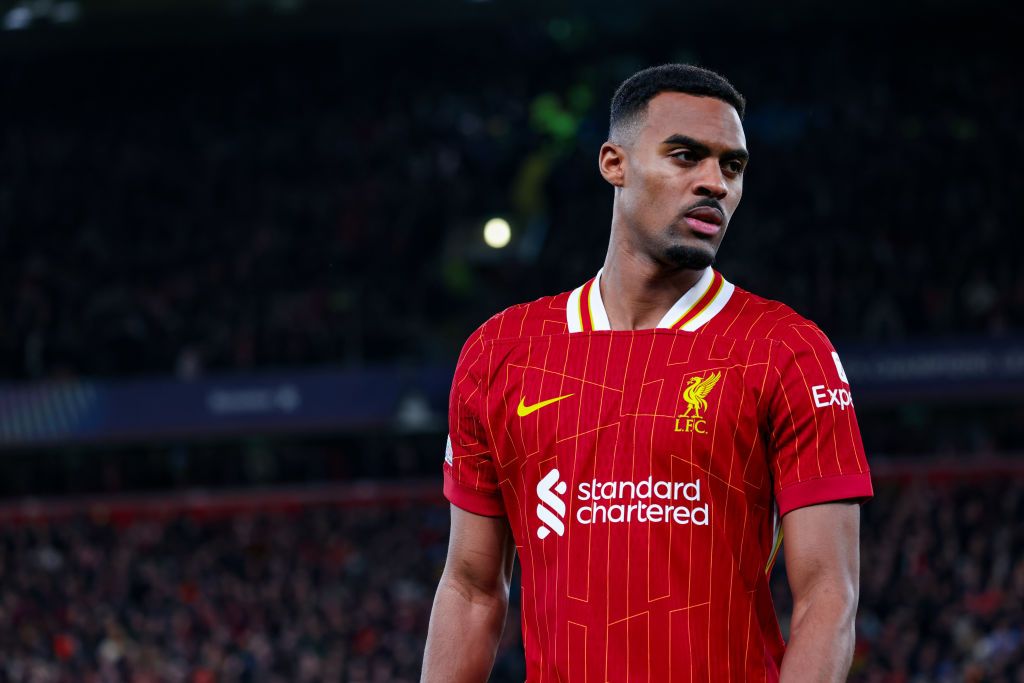 Ryan Gravenberch of Liverpool during the UEFA Champions League 2024/25 League Phase MD5 match between Liverpool FC and Real Madrid C.F. at Anfield on November 27, 2024 in Liverpool, England.