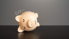 A piggy bank lies on its side, sleeping.
