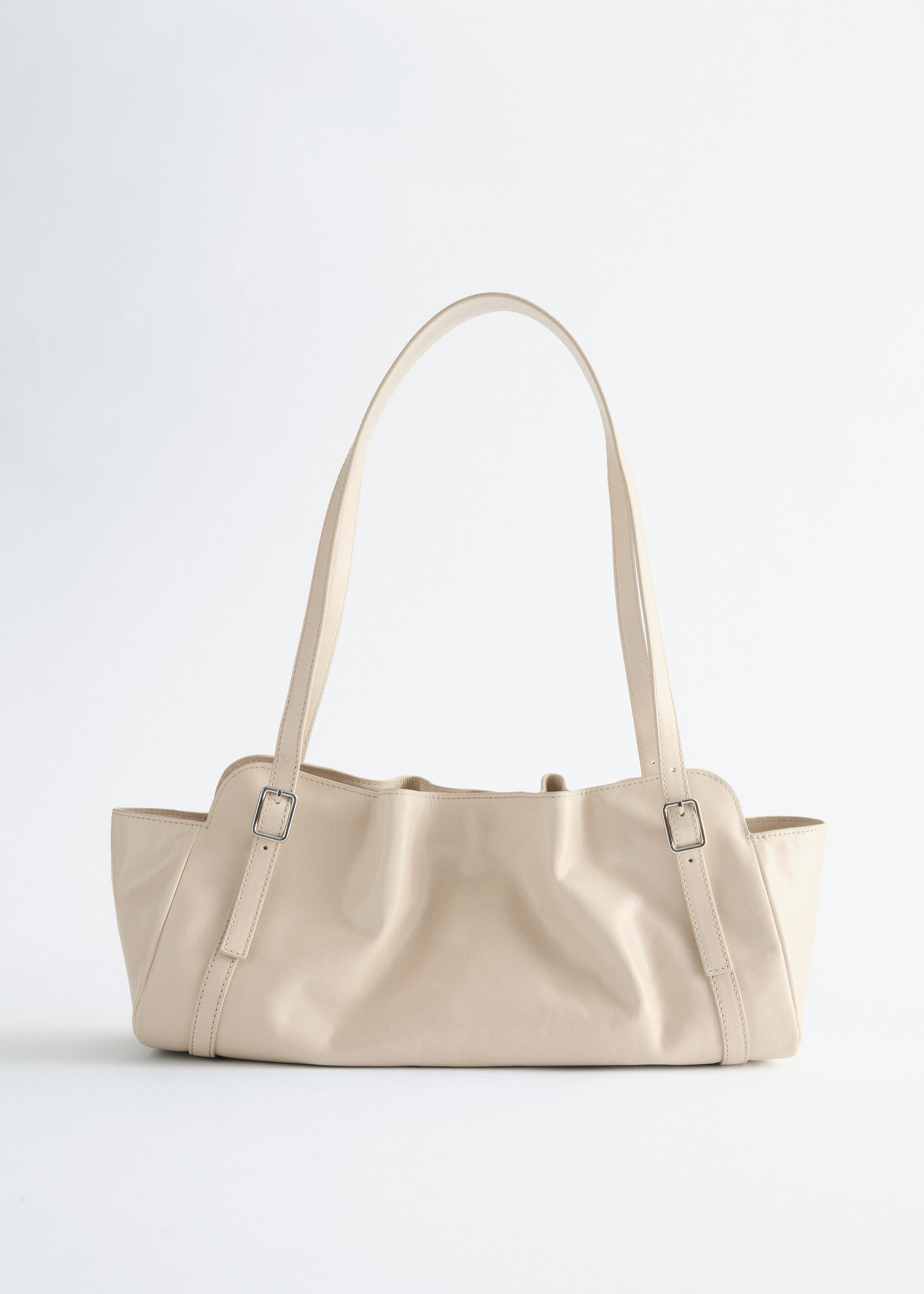 Low-Profile Leather Shoulder Bag - Beige