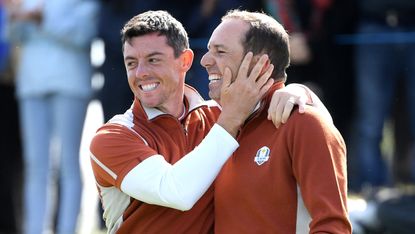 Rory McIlroy and Sergio Garcia celebrate at the Ryder Cup