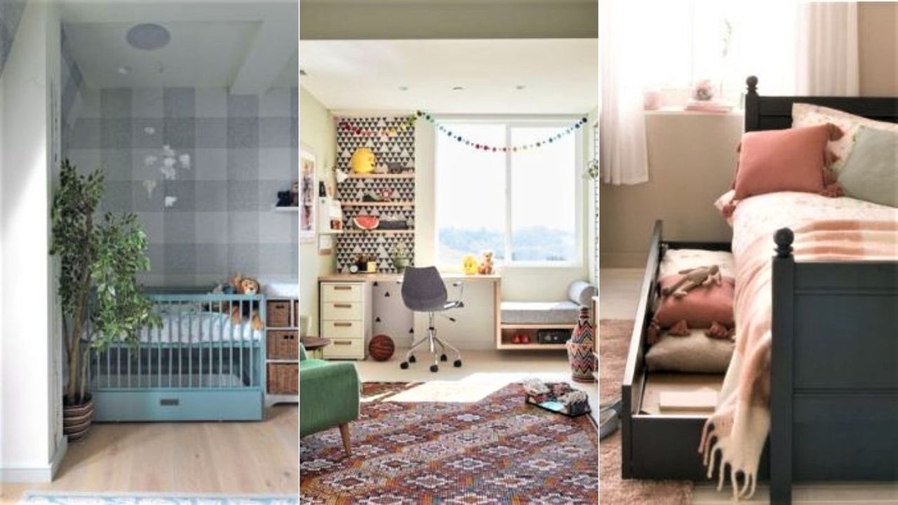 Three organized kids&#039; rooms, including nursery, teen room with desk and underbed storage